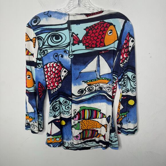 Boston Proper Multicolor‎ Fish Nautical Print Wrap Top Long Sleeve V-Neck Medium - Picture 2 of 7